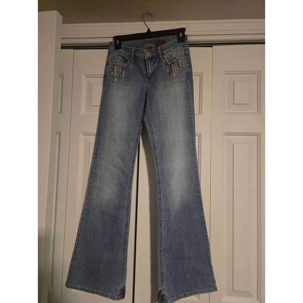 Bongo Blue Flare Jeans Sequin Beaded Embellished Low Rise Y2K Denim Size 3